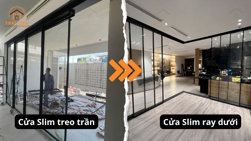 Ảnh minh họa cửa Slim ray dưới v&agrave; cửa Slim treo trần (kh&ocirc;ng c&oacute; ray dưới)