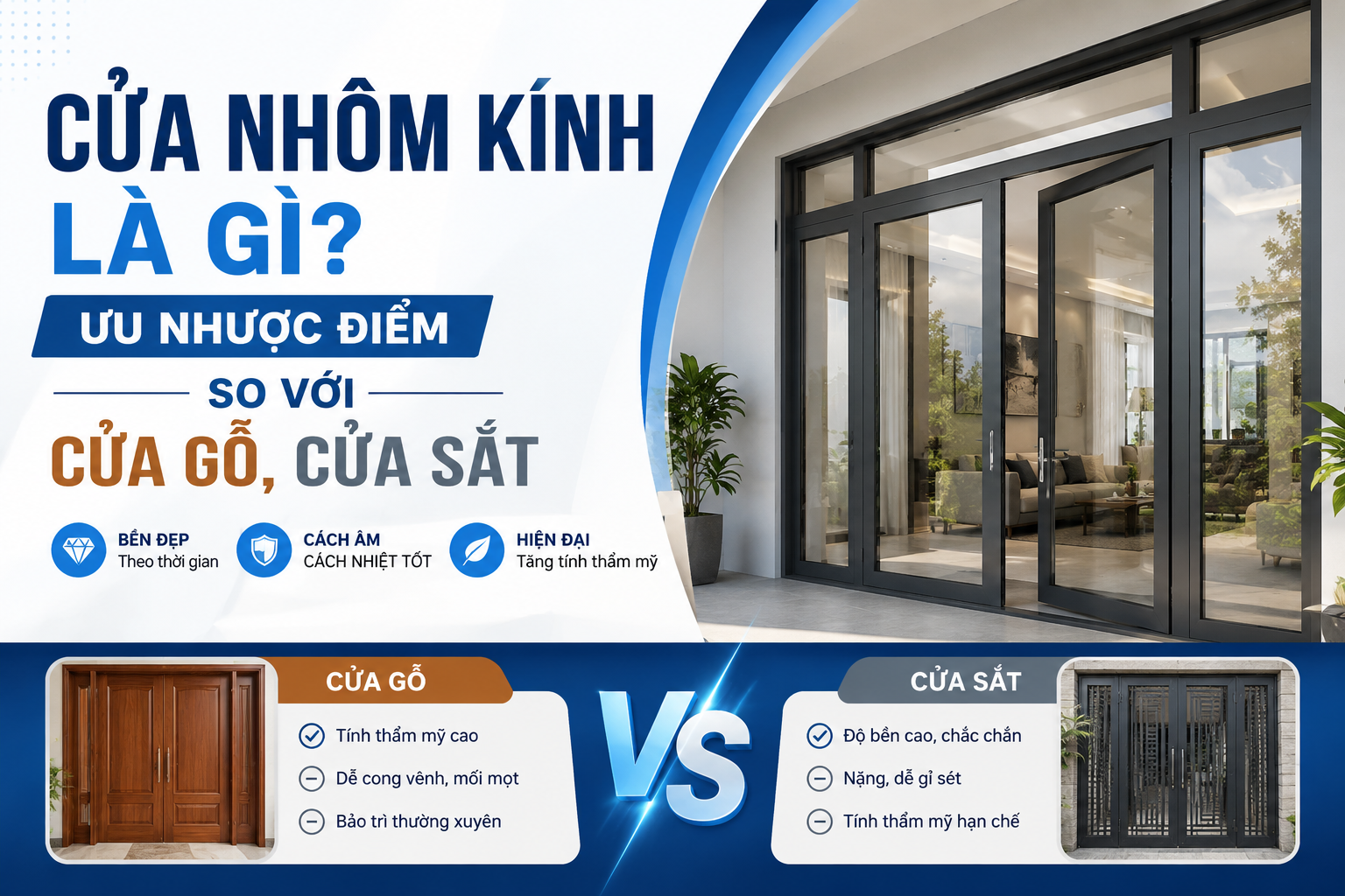 CỬA NHÔM KÍNH LÀ GÌ? ƯU NHƯỢC ĐIỂM SO VỚI CỬA GỖ, CỬA SẮT