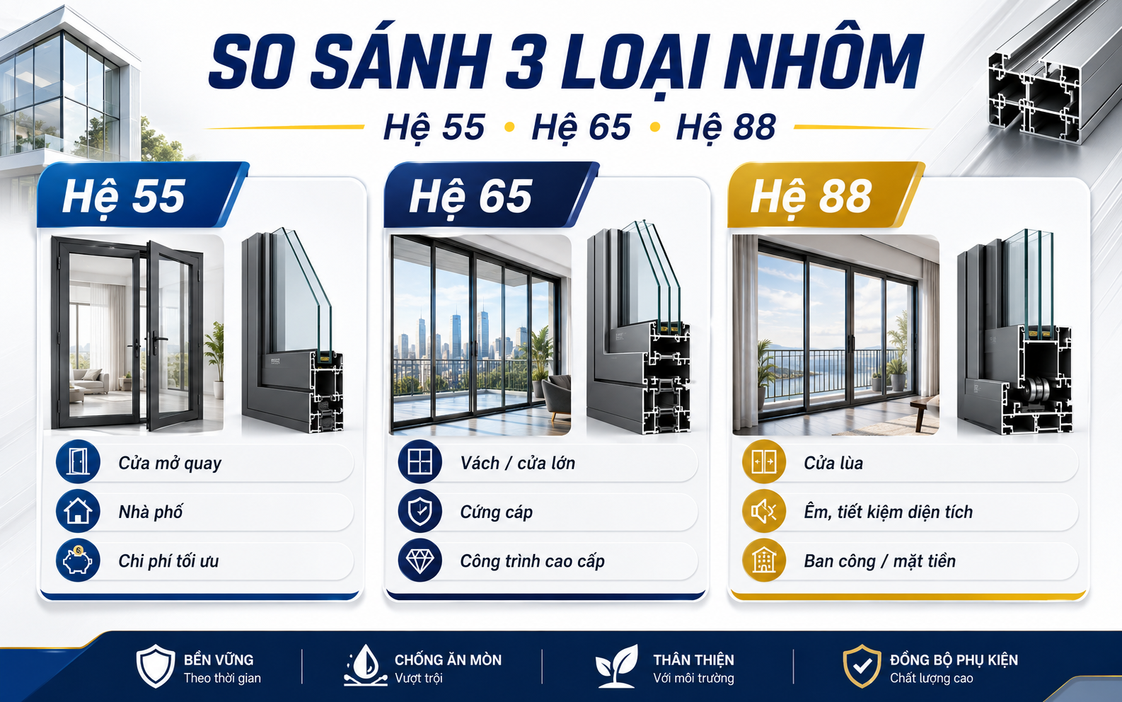 3 loại hệ nh&ocirc;m, nh&ocirc;m hệ 55, hệ nh&ocirc;m 65 v&agrave; hệ nh&ocirc;m 88