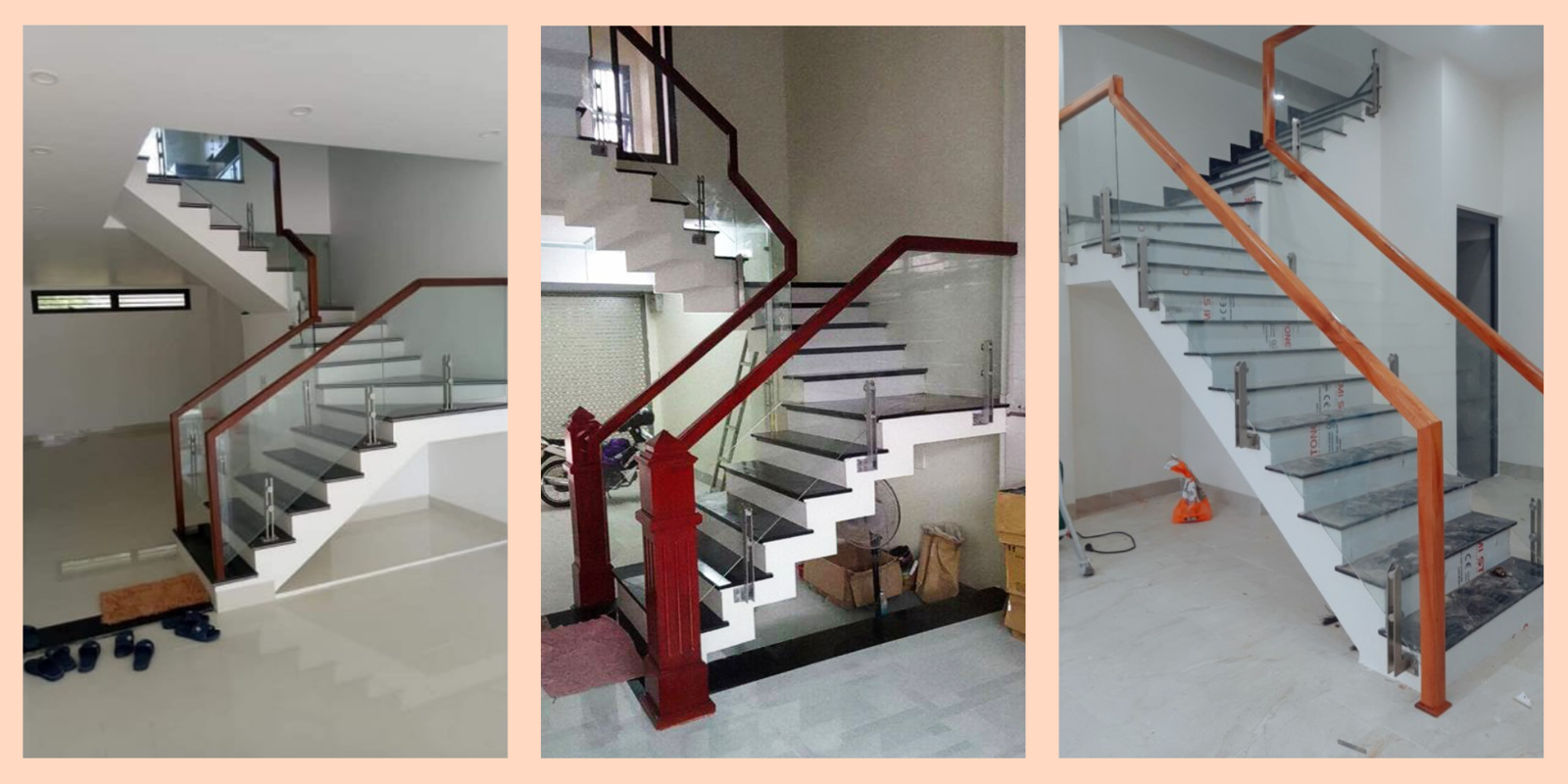 Cầu thang kính trụ inox kết hợp tay vịn gỗ