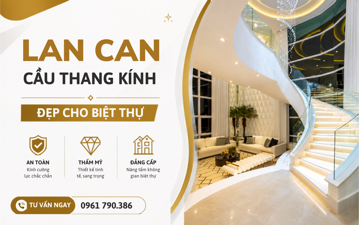 Top các mẫu lan can cầu thang kính đẹp cho biệt thự
