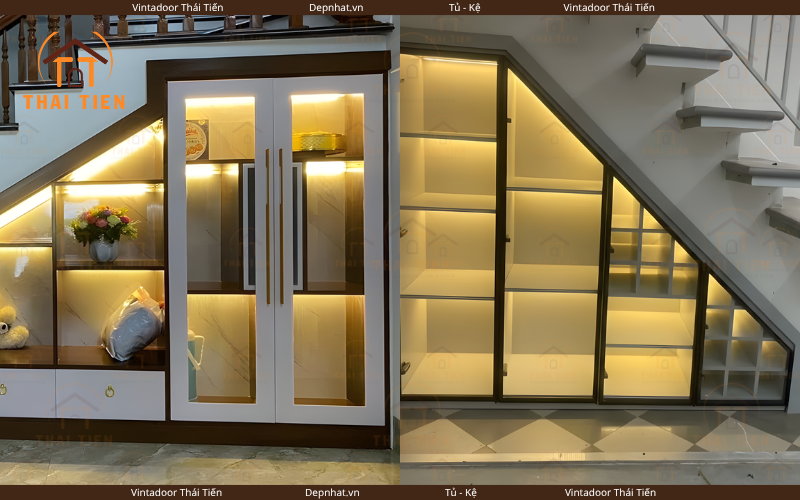 Cánh tủ kính cầu thang đèn led đẹp