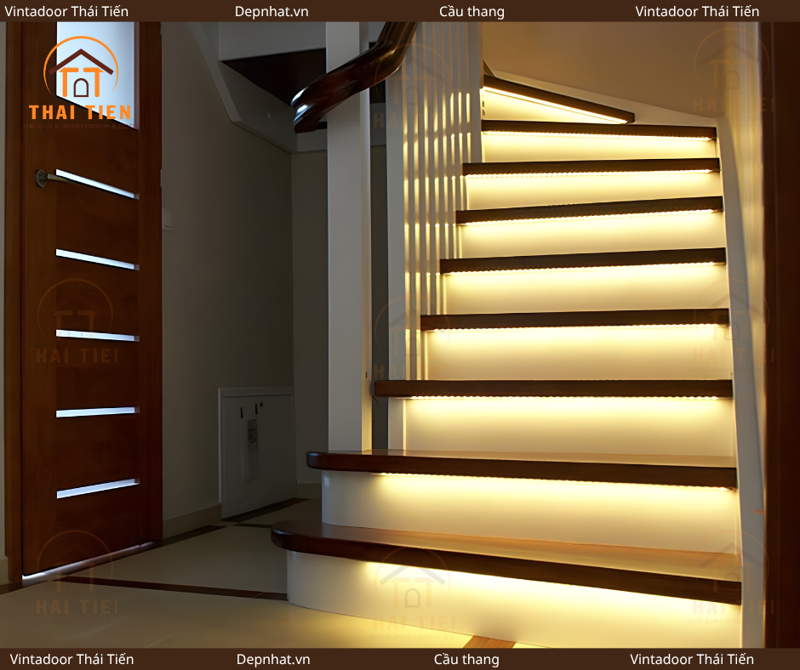 Cầu thang kính kết hợp đèn LED