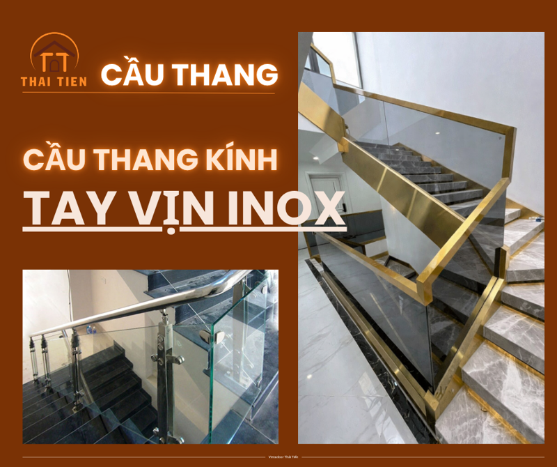 Cầu thang kính tay vịn inox