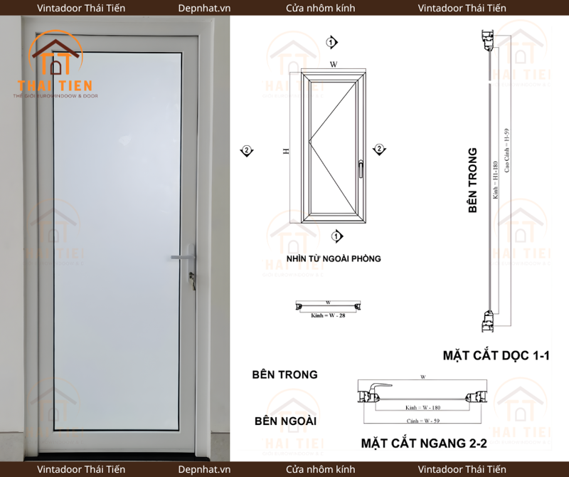 Cấu tạo cửa nhôm kính mở quay 1 cánh Vintadoor Thái Tiến