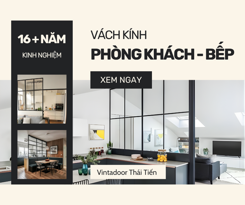 Vách kính ngăn phòng bếp và phòng khách
