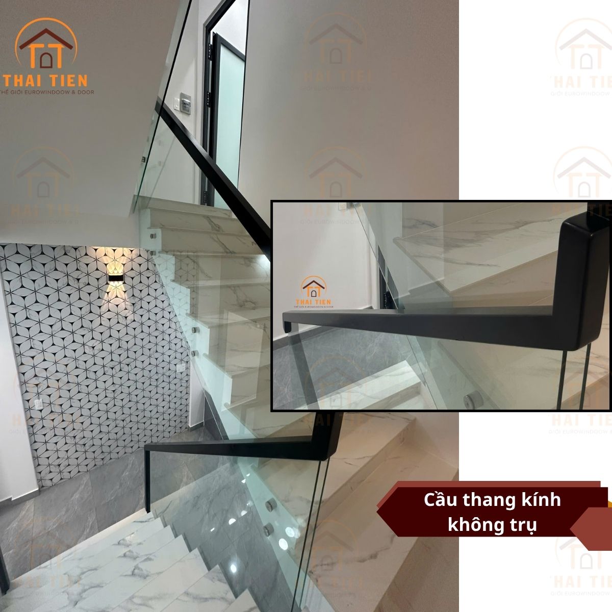 Cầu thang sắt hợp lan can kính không trụ tại Quận 11