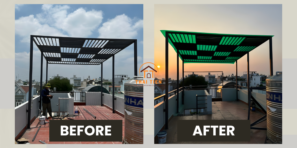 Mái che lợp poly đẹp chống nắng Vintadoor Thái Tiến