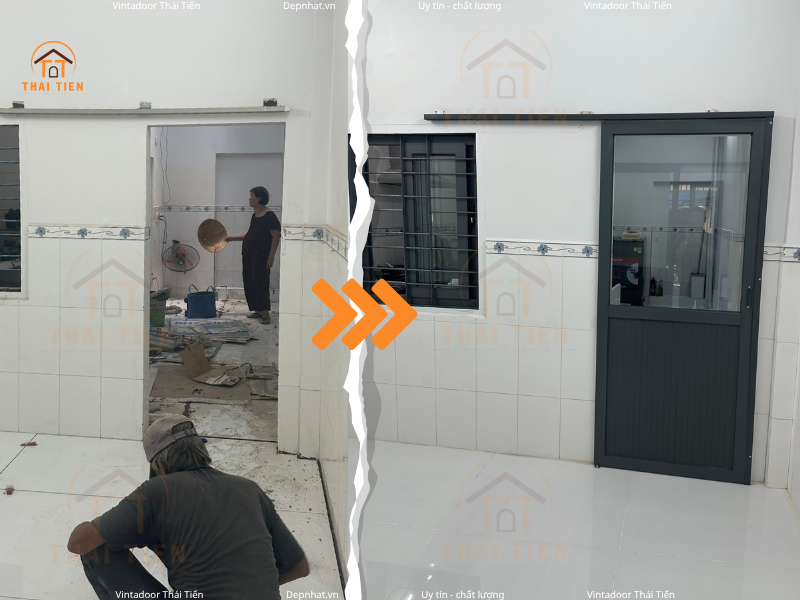 Ảnh thực tế trước và sau khi thi công cửa nhôm kính1 cánh mở lùa và cửa sổ mở lùa tại Hóc Môn